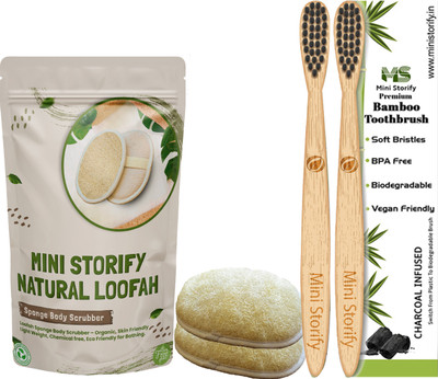 Mini Storify 2 Kids Bamboo Toothbrush,2 Oval Loofah Body Scrubber Combo Pack - Activated Charcoal, Natural, Mouth Care, Oral Cleaning Soft Bristles, Bathing(4 Items in the set)