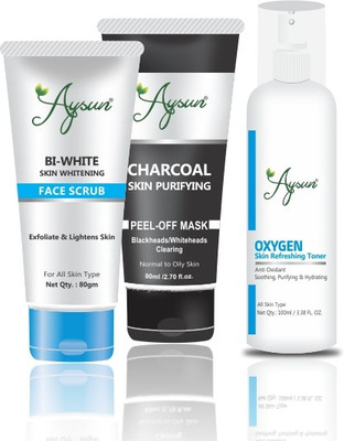 Aysun Oxygen Skin Refreshing Toner & BI-White Face Scrub, Charcoal Peel off Mask Combo Pack of 3(3 Items in the set)
