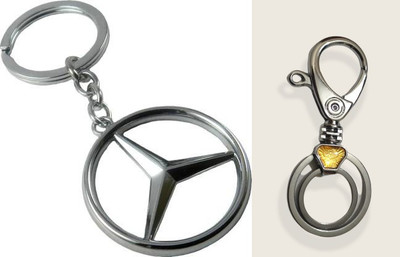 Deethyas Fashion Mercedes Benz Car Metal Logo Double Side View And One Press Lock Open Metallic Hook Combo Pack of 2 Key Chain