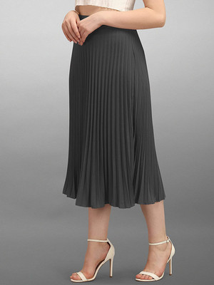 Deklook Solid Women Pleated Grey Skirt