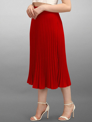 Ptvize Solid Women Flared Red Skirt