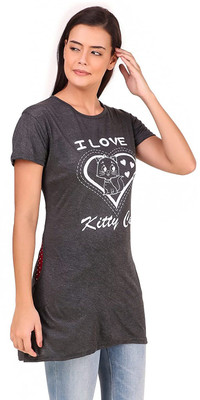 Deep Collection Printed Women Round Neck Grey T-Shirt
