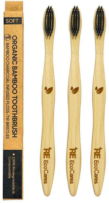 RE EcoCares Bamboo Toothbrush with Activated Charcoal Infused Bristles|Nylon free|PBT Bristles|Pack of 3| Ultra Soft Toothbrush(Pack of 3)