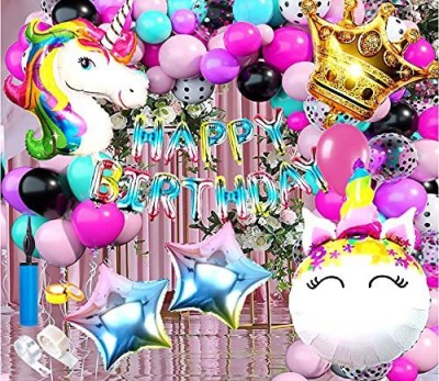 SV Traders Happy Birthday Decoration Special Unicorn Theme Combo Kit Of 108 Pcs-Rainbow Foil HBD(13)+Unicorn With Horn 38 Inches(1)+Multi Color XXL 28 Inches Unicorn(2)+Golden Foil Crown 30 Inches(1)+Foil Stars Rainbow(2)+Confetti Balloons Pink(5)+Pastel Balloons Pink(30)+Blue(20)+Purple(20)+Black(1