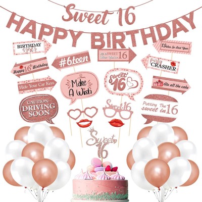 ZYOZI Sweet 16 Birthday Decorations with Photo Booth Backdrop and Pre-assembled Props –, Rose Gold Sweet 16 Decorations, 16th Birthday Party Supplies ,16 Happy Birthday Banner, Cake Topper, Balloons (PACK OF 43)(Set of 43)