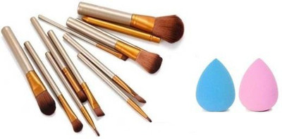 J & F Set Of 12 Professional Brushes With 2 Makeup Sponge Puff New Pack(Pack of 14)