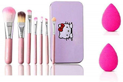 bhp Hello Kitty Complete Makeup Brush Kit with a Storage Box Set of 7 Pieces + 2 Sponge Puff (Pink)(Pack of 3)
