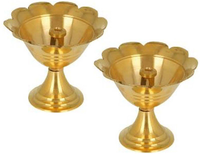 AANU Flower Design Brass Diya Puja Deepak Oil Lamp (Set of 2 Pcs) Akhand Jyoti Diwali Diya Best Decoration Items for Temple/Home & Office Gifts for All Pooja Purpose, Material Brass Golden Brass (Pack of 2) Table Diya Set(Height: 23 inch)