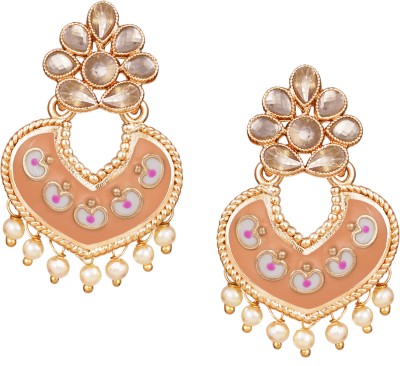 JFL - Jewellery for Less Traditional Gold Tone Handcrafted Enamel Meenakari Cz LCD Polki Stone Pearl Chandbali Earring Pearl Copper Drops & Danglers