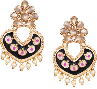 JFL - Jewellery for Less Traditional Gold Tone Handcrafted Enamel Meenakari Cz LCD Polki Stone Pearl Chandbali Earring Pearl Copper Drops & Danglers