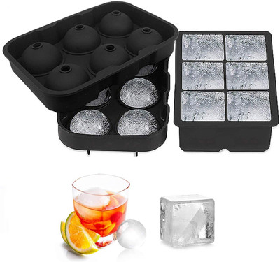 AlexVyan Ice Cube Trays (Set of 2), Silicone Sphere Whiskey Ice Ball Maker with Lids & Large Square and Round Ice Cube Molds for Cocktails & Bourbon - Reusable & BPA Free Black Silicone Ice Ball Tray(Pack of2)