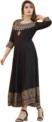 jivika Women Printed Flared Kurta(Gold, Black)