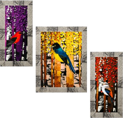 Indianara Set of 3 Abstract Birds Art Framed Art Painting (3186MW) without glass (6 X 13, 10.2 X 13, 6 X 13 INCH) Digital Reprint 13 inch x 10.2 inch Painting(With Frame, Pack of 3)