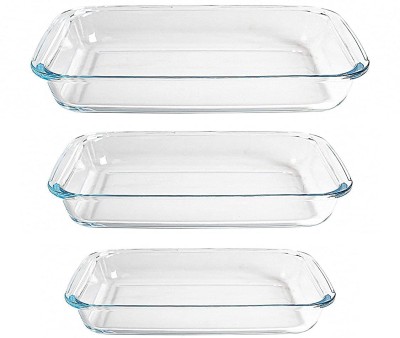 Redific Borosilicate Baking Tray for Microwave oven otg Glass Baking Tray set Baking Tray for cake Baking Dish for oven Bake and Serve rectangle Safe and Oven Safe Glass Dish Transparent Set of 3 Piece Baking Dish(Pack of 3, Microwave Safe)