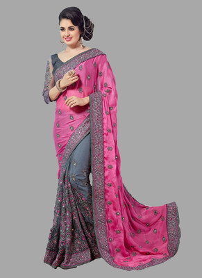 Gymfy Embroidered Bollywood Net Saree(Pink)