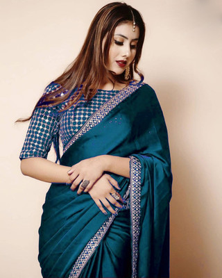 QVIDYA Solid/Plain Bollywood Silk Blend Saree(Dark Blue)