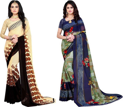 Leelavati Printed Daily Wear Georgette Saree(Pack of 2, Dark Blue, Cream)