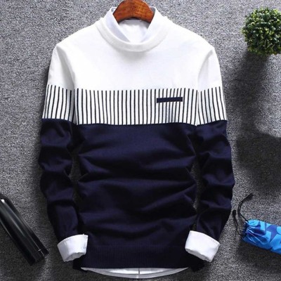 Try This Striped Men Round Neck White, Blue T-Shirt