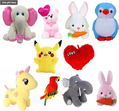eston Combo Of ( Unicorn, Kitty, Penguin, Rabbit, Pikachu, White Elephant, Parrot, Balloon Teddy, Cap Teddy, Heart Pillow) Soft and Stuffed Toys for Birthday Gift for Girls/Wife, Boyfriend/Husband, Soft Toys Wedding/Anniversary Gift for Couple Special, Baby Toys Gift Items  - 30 cm  (Multicolor)