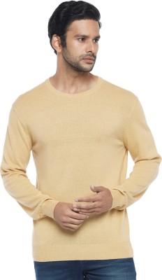 Byford by Pantaloons Self Design Round Neck Casual Men Yellow Sweater