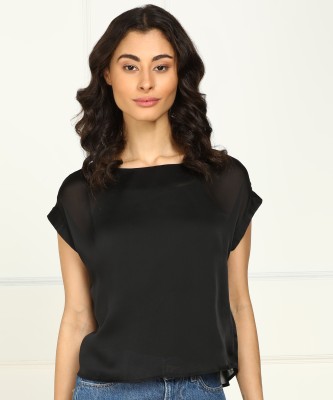 FLYING MACHINE Casual Half Sleeve Solid Women Black Top