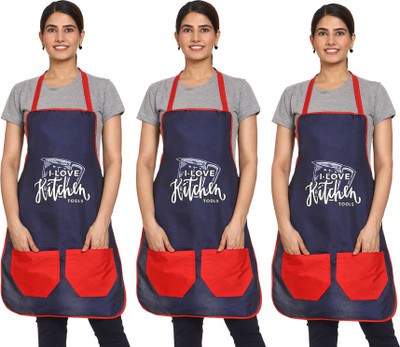 JMI Cotton Home Use Apron - Free Size(Blue, Red, Pack of 3)