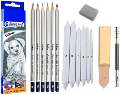 Definite Artline Set of 6 Love-Art Sketch Pencils + Blending/Smudging Stumps Set of 6 (Size 1 to 6) + Sand Paper Pencil/Stump Sharpener + One Kneadable Eraser for Graphite and Charcoal Pencils + One 13cm Pencil Extender