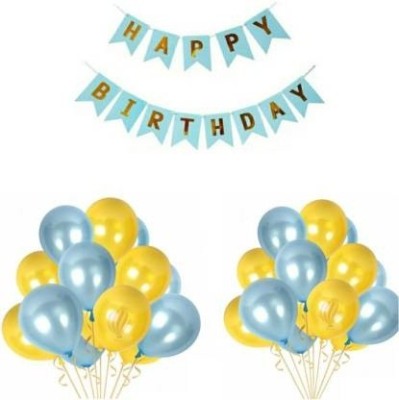 CC&S Solid Blue Happy Birthday Cardboard Banner Bunting Flag / Banner + 15 Blue 15 Golden Metallic Balloons for Birthday Party Balloon(Blue, Gold, Pack of 31)