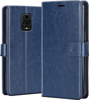 Crickle Back Cover for Redmi Note 9 Pro Max - Inbuilt Stand & Card Pockets | Hand Stitched | Wallet Flip Case(Blue, Dual Protection, Pack of: 1)