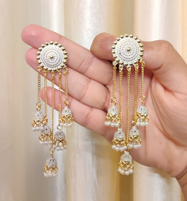 DECOLOGY Stylish and Attractive 5 Layer Latkan For girls and Women. (White Color) Brass Jhumki Earring