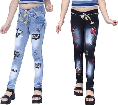 Kundan Slim Girls Light Blue, Black Jeans(Pack of 2)