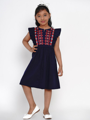 Bitiya By Bhama Girls Midi/Knee Length Casual Dress(Blue, Short Sleeve)