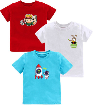 Kavee Baby Boys Printed Pure Cotton Regular T Shirt(Blue, Pack of 3)