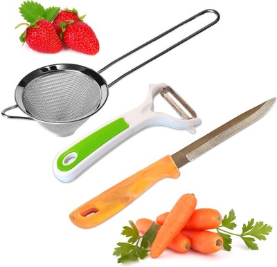 KANIJ Vegetable Knife + Tea Strainer + Peeler for Vegetable Fruit Carrot Ginger Potato Apple Mango Papaya Pear Radish Beetroot Kitchen Chef Cutting Cooking Peeling Tea Chai Milk Coffee Spices Bars Whisky Stainless Steel Strainer Juicer Strainer (Set of 3) Kitchen Tool Set(Knife, Peeler, Strainer)