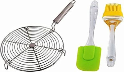 NOHUNT Combo of Brush & Spatula Set | Multipurpose Silicon | for Pastry, Cake Mixer, Decorating, Cooking, Baking, Grilling Tandoor | Bakeware Combo | Baking Tools - Multicolor With Round Stainless Steel Papad Jali, Paneer Grill, Roti Maker, Barbeque Jali Roaster Chapati Toast Grill Wooden Handle (Si