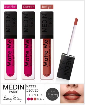 MEDIN Paris Hot LIp... Forever Matte liquid Lipstick Cosmetics Makeup combo set of 3(rose pink carrat beige, 30 ml)