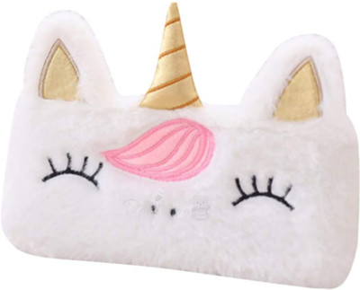 BeeWee Fur Faux Pencil Pouch Unicorn Art Canvas Pencil Box(Set of 1, White)