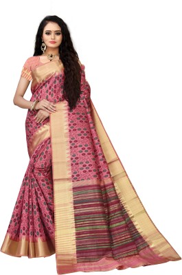 PRIYESHA TEXTILES Printed, Temple Border Assam Silk Cotton Blend, Cotton Silk Saree(Gold, Pink)