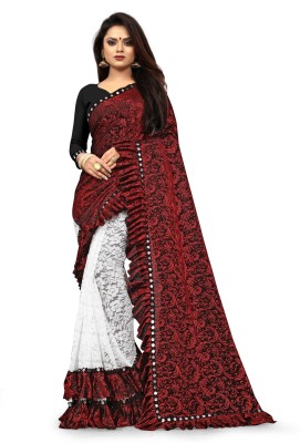 JAVALBA Embellished Bollywood Velvet, Lycra Blend Saree(Maroon)