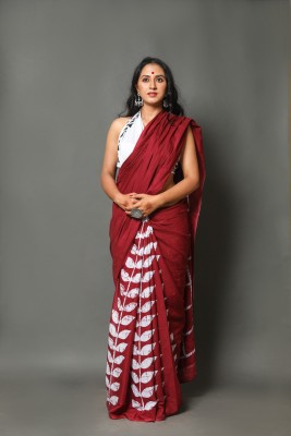 Craftmusium Printed, Color Block, Blocked Printed, Dyed Daily Wear Pure Cotton Saree(Maroon)