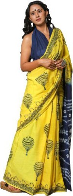 Pinkcity Trade World Printed, Color Block, Blocked Printed Daily Wear Pure Cotton Saree(Blue, Yellow)