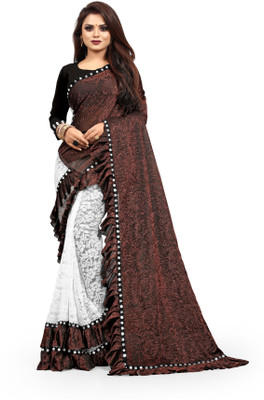 JAVALBA Embellished Bollywood Velvet, Lycra Blend Saree(Brown)