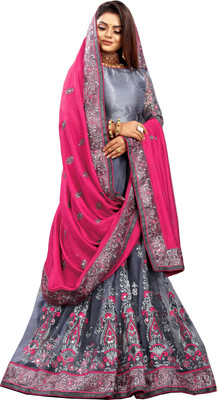 PRAMUKH HEAVAN Embroidered, Embellished Bollywood Net, Art Silk Saree(Grey)