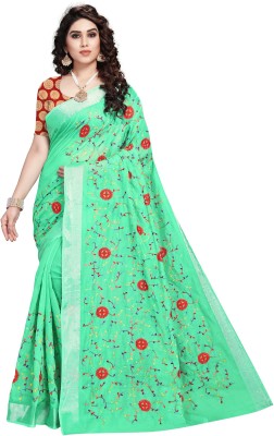 StyleDeal Embroidered Bollywood Cotton Linen Saree(Dark Green)