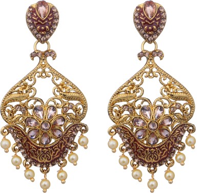 Adorn Gold Plated Beautifully Enamelled Pearl CZ Dangler Earrings For Girls/Women Metal Drops & Danglers, Chandbali Earring