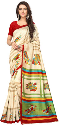SHREE RAJLAXMI SAREES Printed Mysore Art Silk Saree(Cream)