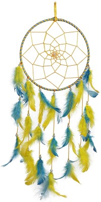 JAAMSO ROYALS Ring Beaded Yellow & Blue Feathers Dream Catchers, wall hangings, Home Décor, Handmade Dream Catcher For Bedroom, Balcony, Garden Decorative Showpiece  -  20 cm(Feather, Multicolor)