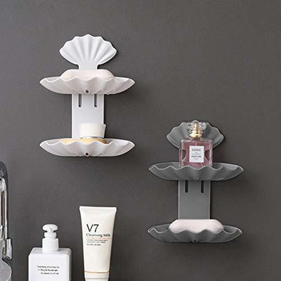 PGK TRADERS Double Layer Pearl Soap Super Adhesive Sticker Soap Dish Holder with Beautiful Leaf Shape Double Layer Soap Dish Case Holder Bathroom Accessories ( 2 Piece)(Multicolor)