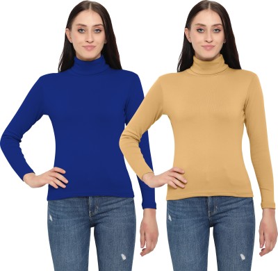 MYO Solid Women Turtle Neck Beige, Dark Blue T-Shirt