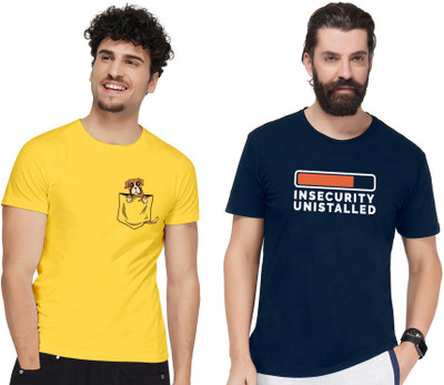 Fflirtygo Printed Men Round Neck Blue, Yellow T-Shirt